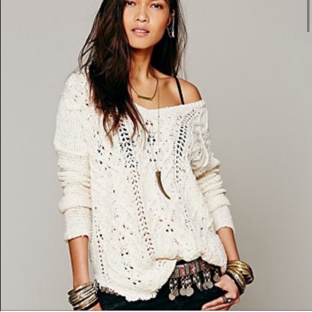 Free People Cross My Heart Distressed Open Knit Oversized Sweater S